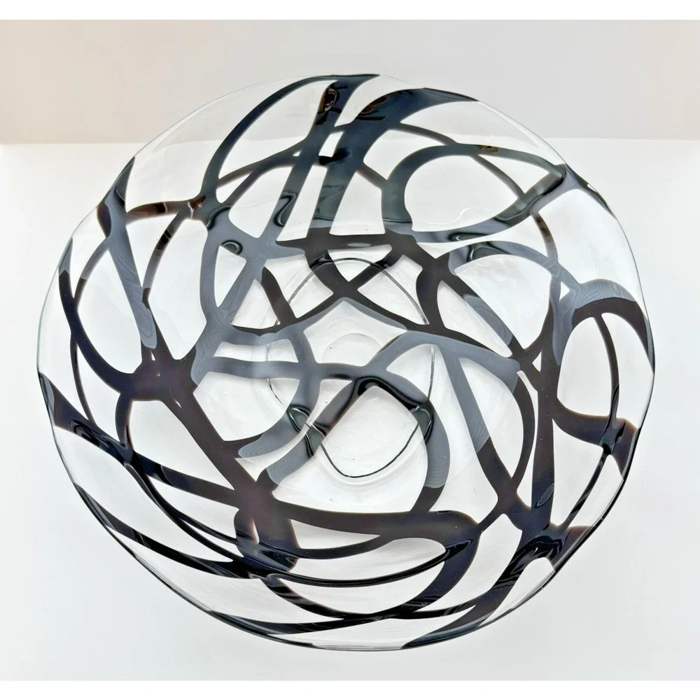 Vintage IKEA Firenze Art Glass Bowl by Martin Bergstrom Handblown Black Swirl